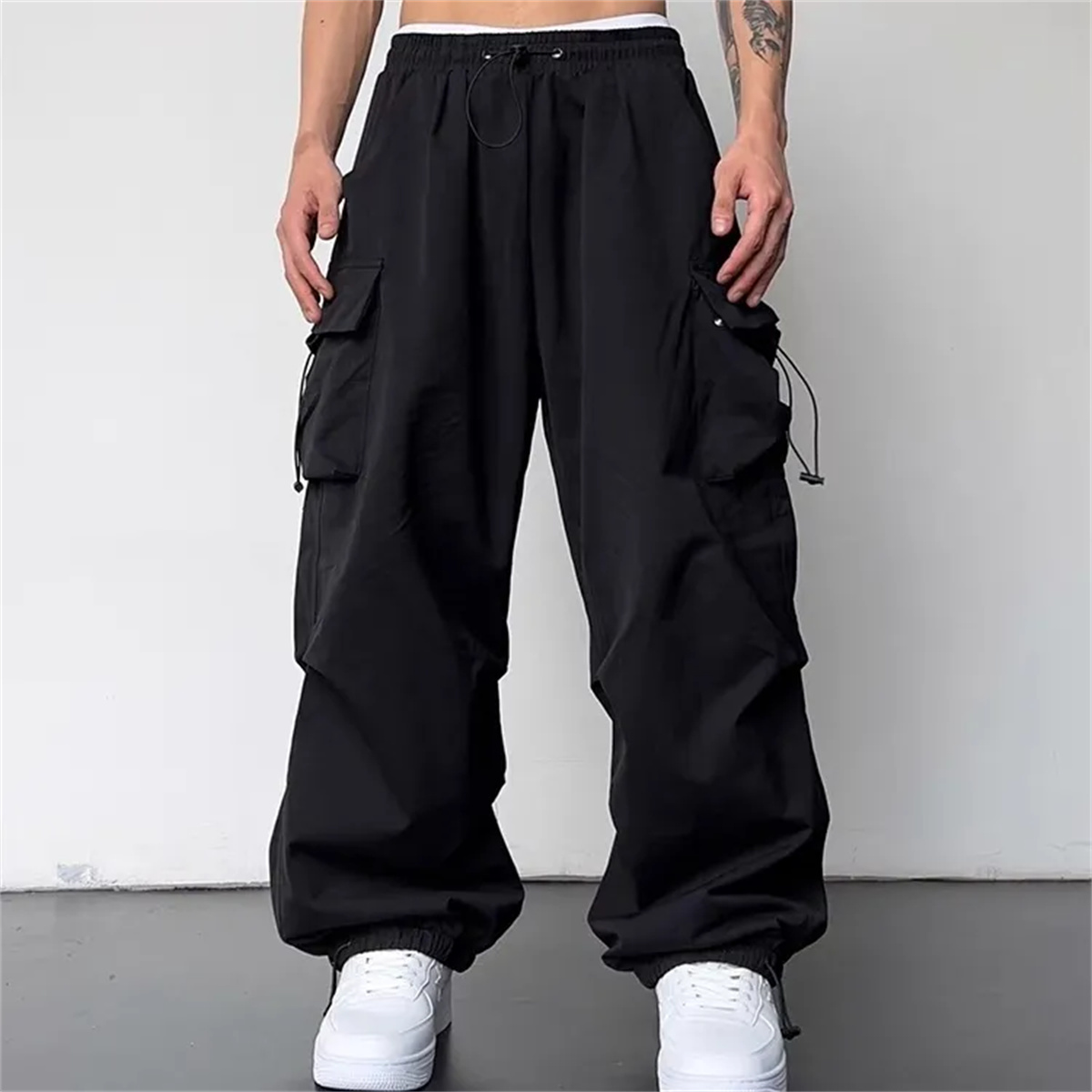 Corteiz Cargo Pant - ポケット付きメンズカジュアルカーゴパンツ、特大パンツ、黒、アウトドア、プラスサイズ、伸縮性、スポーツ、アメリカの春、夏、46、48、50