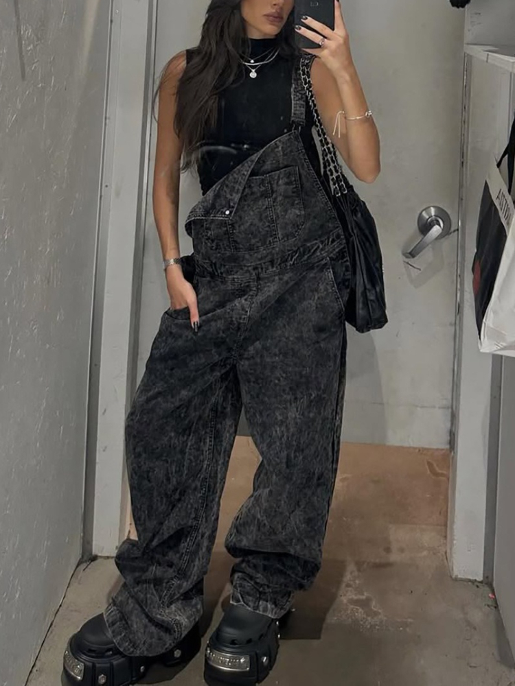 Streetwear High End Brand - 新しいストリートウェアブランドのエイジドウォッシュショルダーストラップデニムワイドレッグパンツは、女性にとってスタイリッシュでハイエンドでルーズです