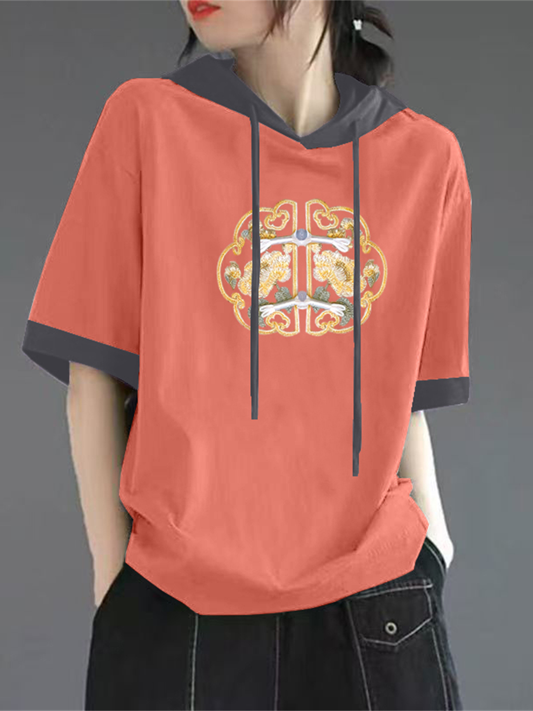 赤い純綿半袖Tシャツ女性の夏の新しい中国風パーカーハイエンド - Streetwear High End Brand のレビューと価格