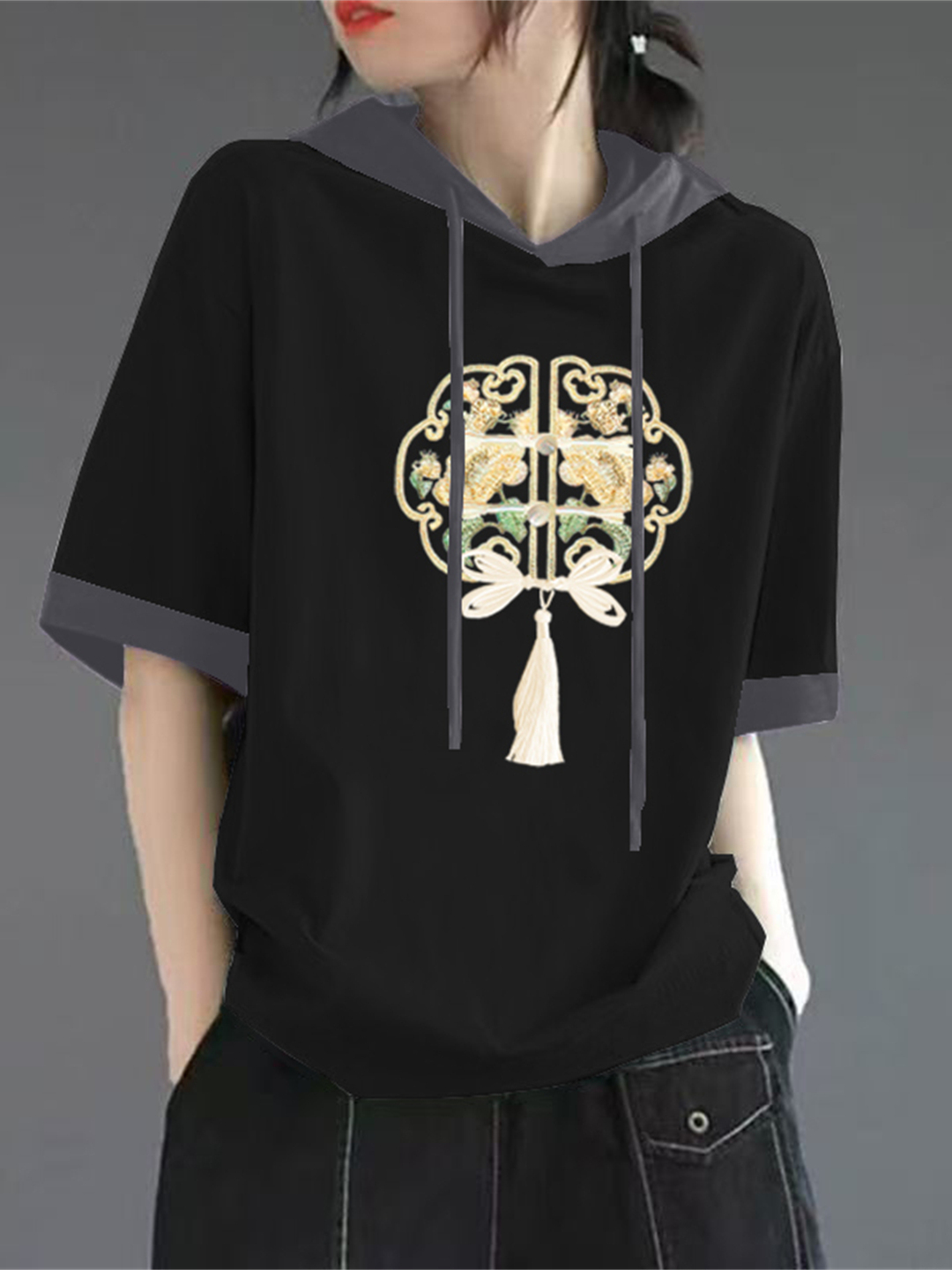 赤い純綿半袖Tシャツ女性の夏の新しい中国風パーカーハイエンド - Streetwear High End Brand のレビューと価格